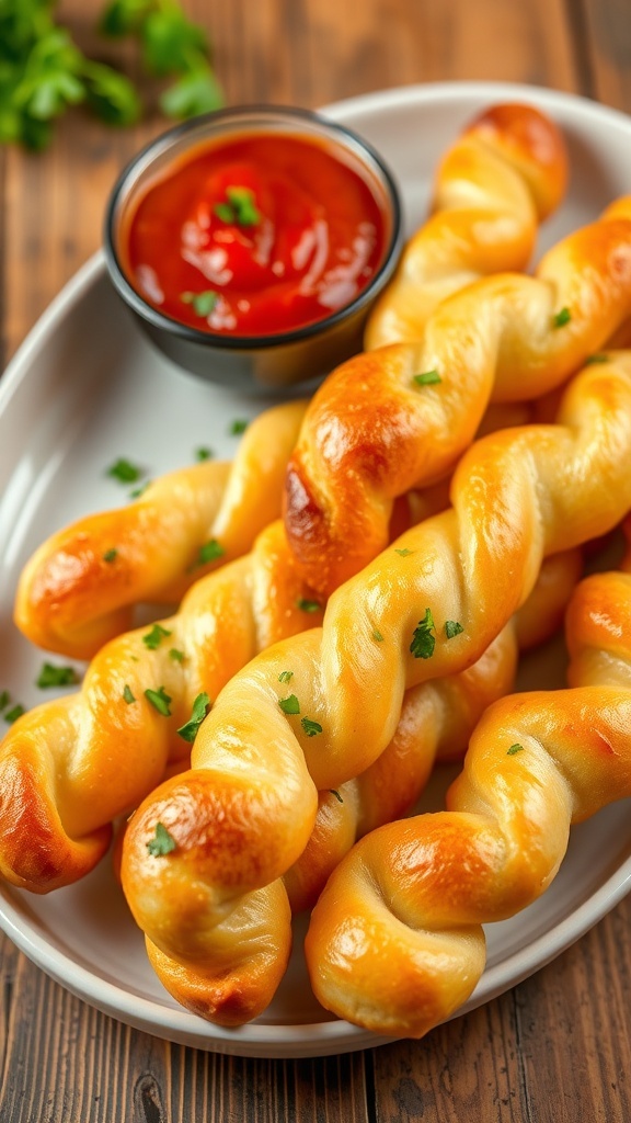 Golden brown garlic bread twists on a plate, garnished with parsley, served with marinara sauce.